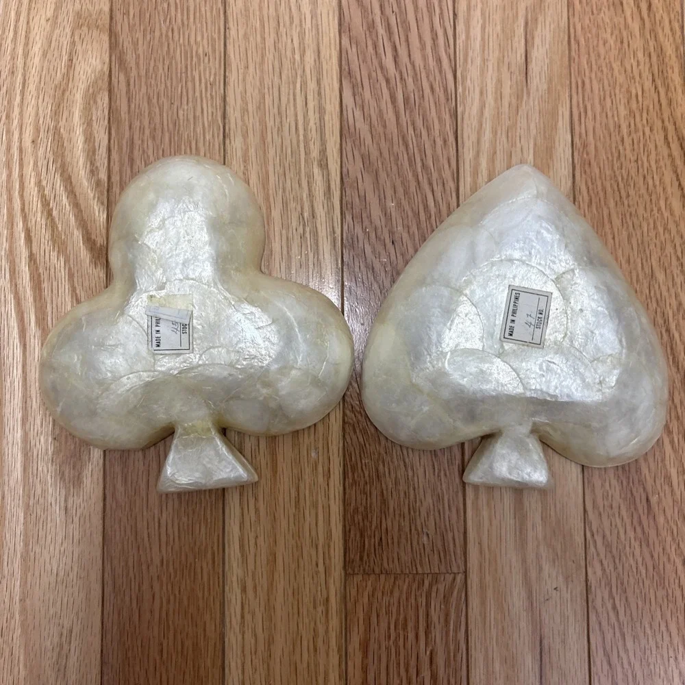 2 Vintage Mother of Pearl Inserts in Wood Nut‎ Candy Bowls Dishes Club & Spade